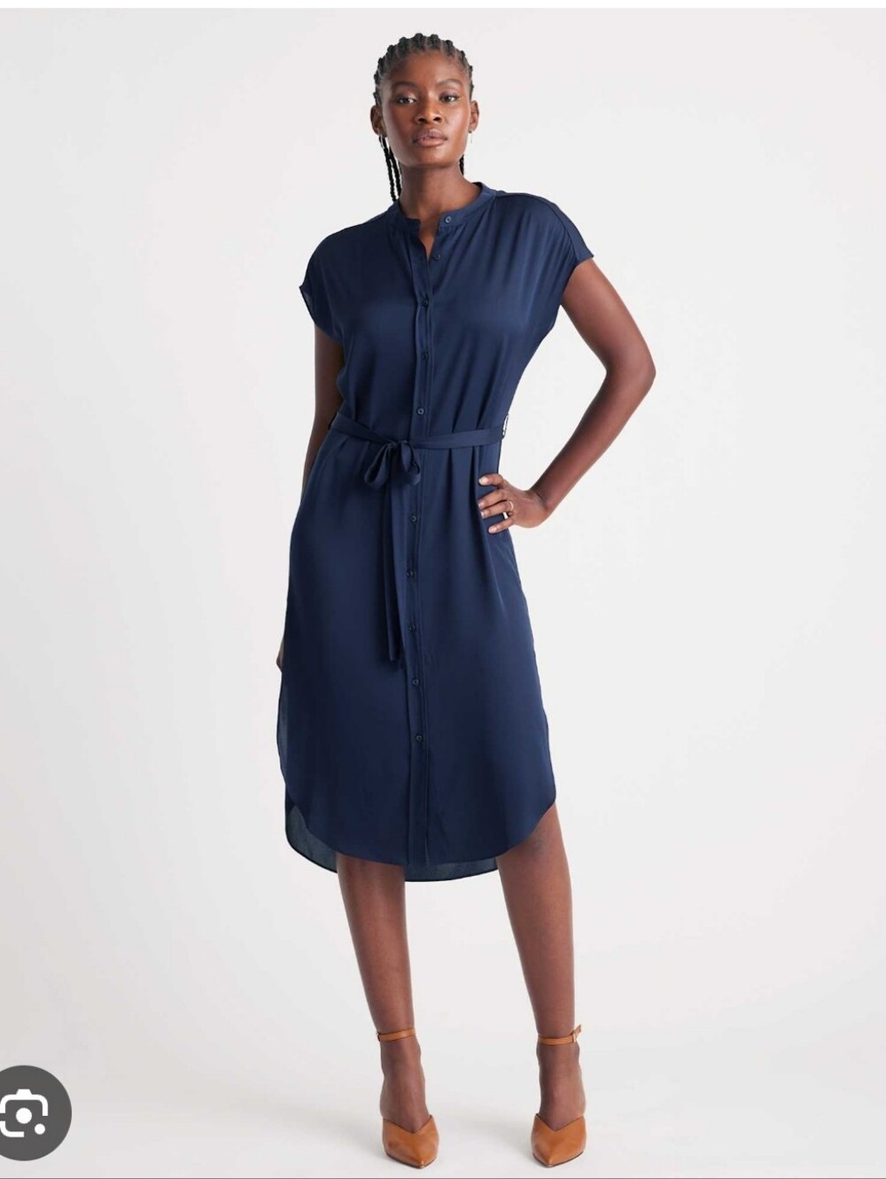 Quince Silk Classic Navy Button-Front Shirt Dress - M